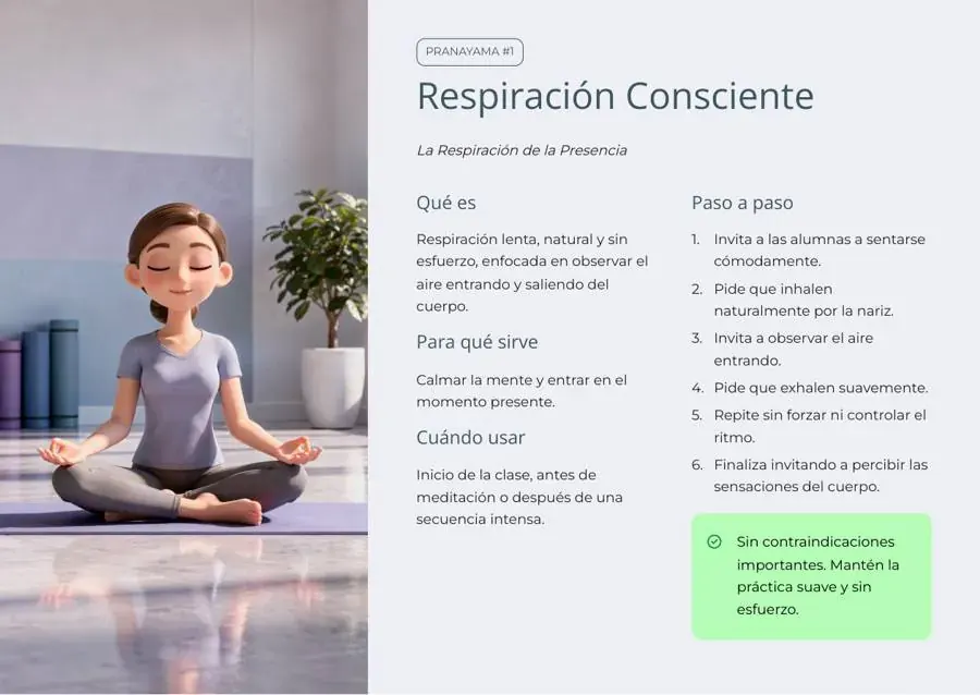 Vista interna de guía de pranayama con paso a paso